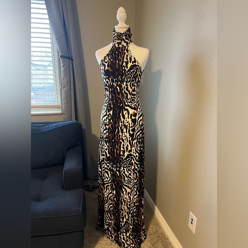 Rachel Pally turtleneck low back maxi animal print wild cat Romanni dress M